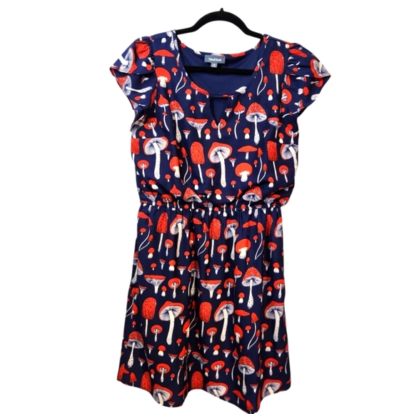 MODCLOTH SATURDAY SPLENDOR A LINE  MUSHROOM DRESS, RED BLUE AND WHITE SZ M - Picture 2 of 11